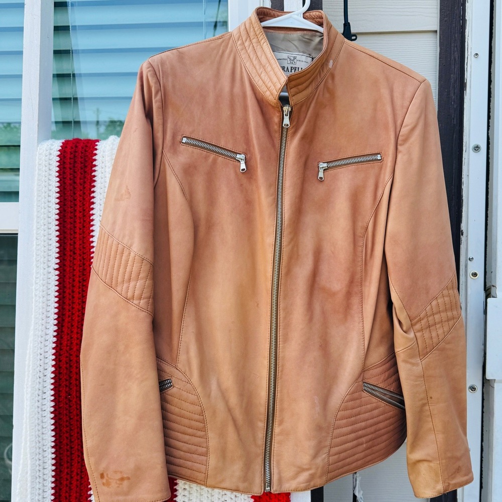 Vera Pelle Jacket Womens 50 Tan Italian Leather Cafe Racer Biker Quilted Zip